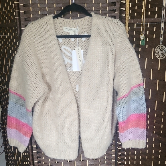 Saltwater Luxe Cream and Pink Cardigan Sweater with Striped Sleeves - Picture 1 of 6
